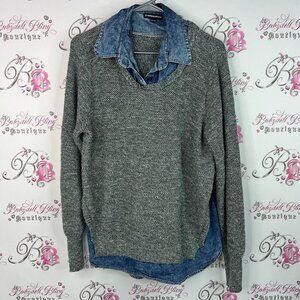 Warehouse one shirt long sleeve Gray Crewneck Sweater with Denim Collar